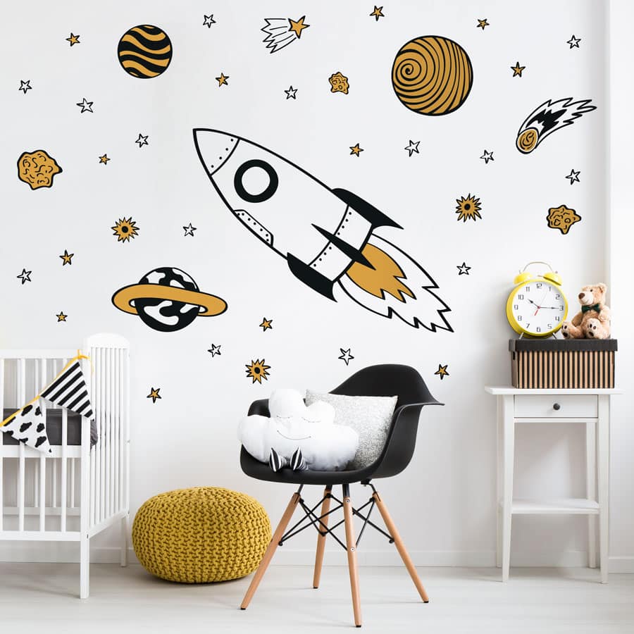 Rocket and Stars Wall Sticker Pack orange on a white wall