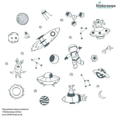Space Doodles Wall Stickers in grey on a white background