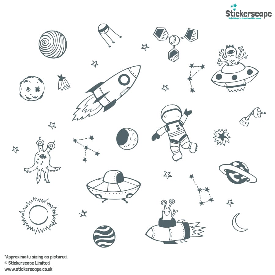 Space Doodles Wall Stickers in grey on a white background