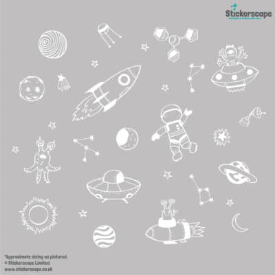 Space Doodles Wall Stickers in white on a grey background