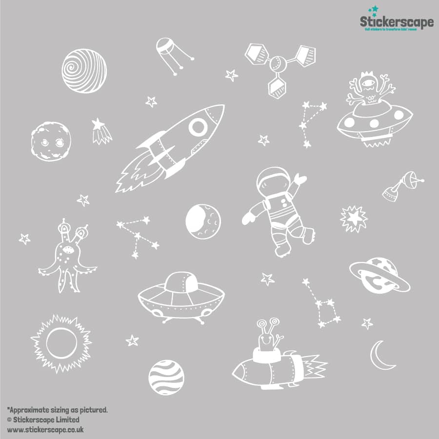 Space Doodles Wall Stickers in white on a grey background