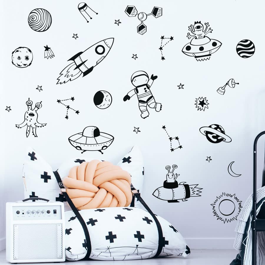 Space Doodles Wall Stickers in black on a white wall