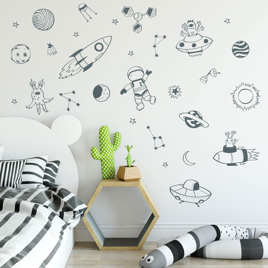 Space Doodles Wall Stickers in grey on a white wall