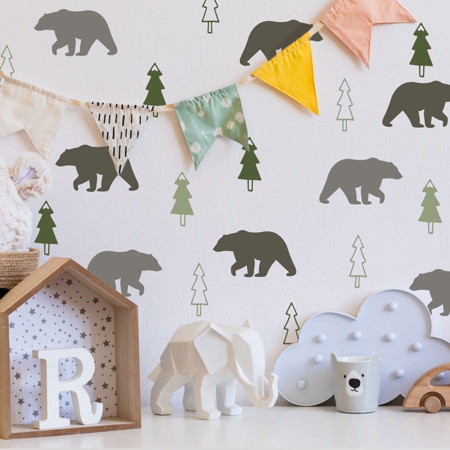 Woodland themed wall stickers in forest mix colourway create a reading nook in a child's room