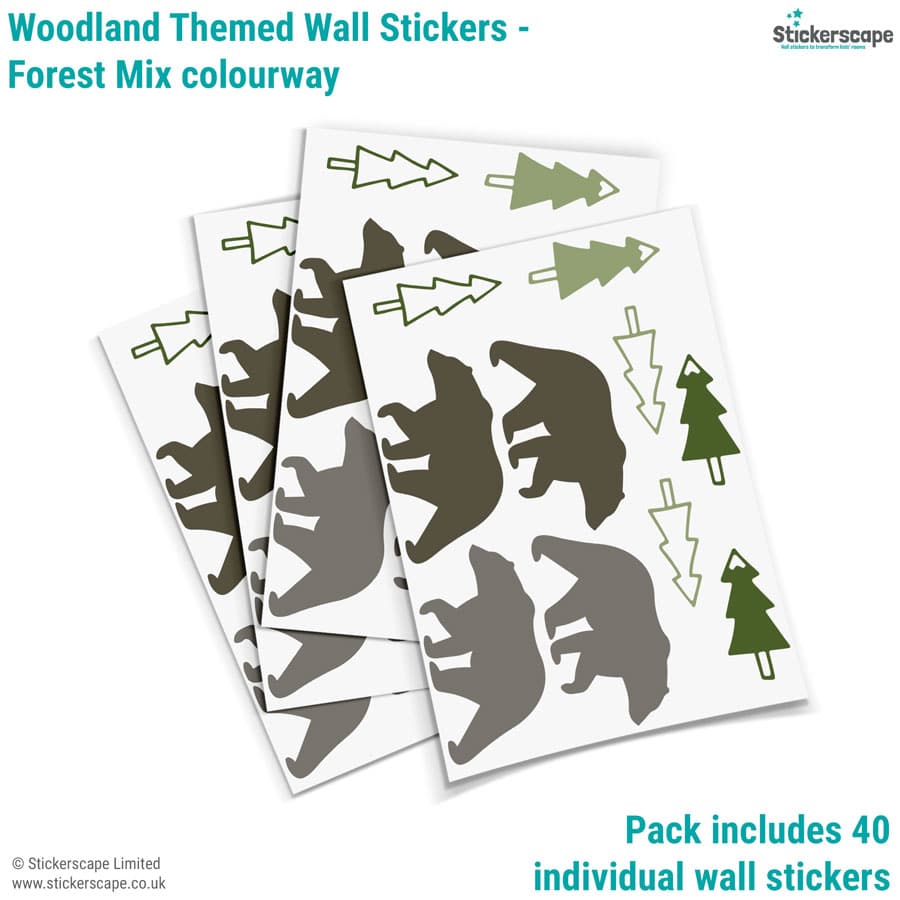 bear forest wall stickers showing what's included in the forest mix pack