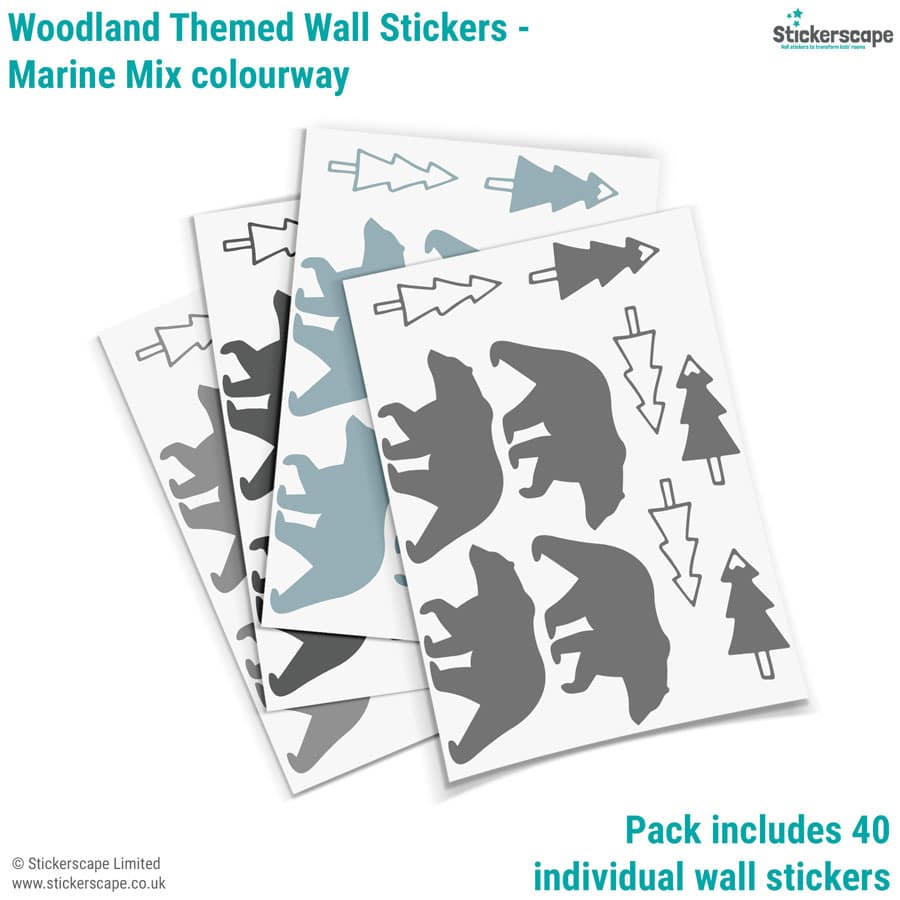 bear forest wall stickers showing what's included in the marine mix pack
