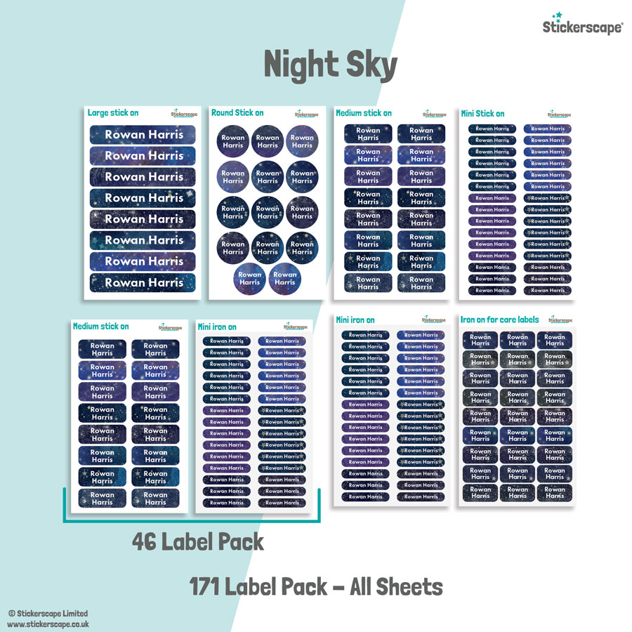 Night Sky school name labels mixed name label pack
