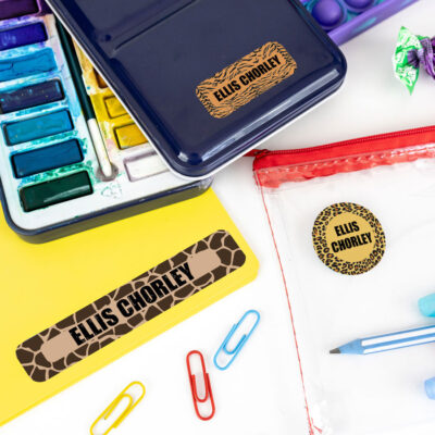 Safari name labels on school stationery