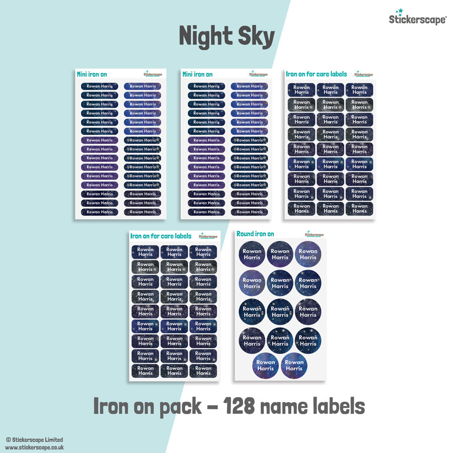 Night Sky school name labels iron on pack