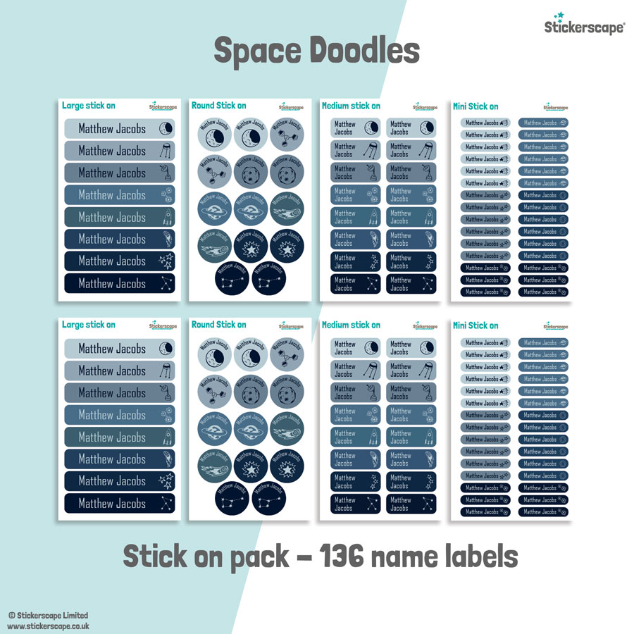Space doodles school name labels stick on name label pack