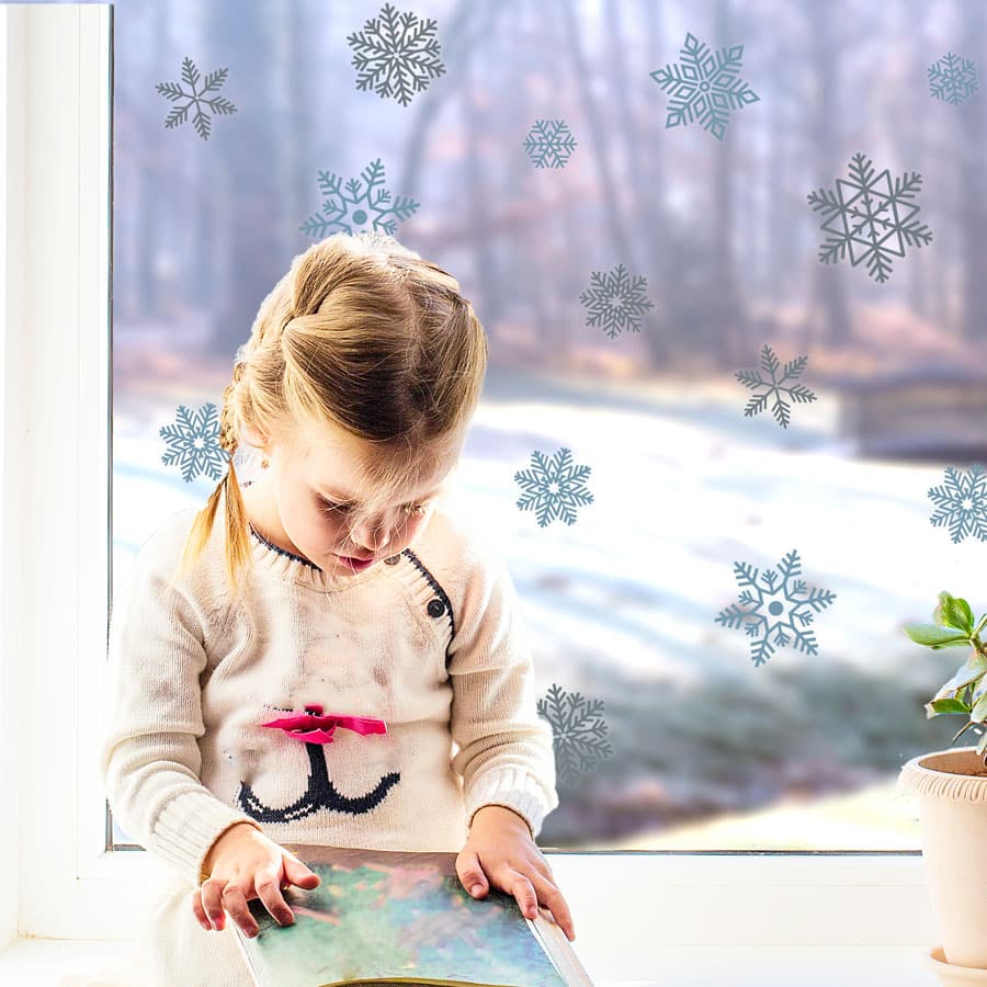 snowflake window stickers (blue and grey) on a window with child and a winter garden in the background