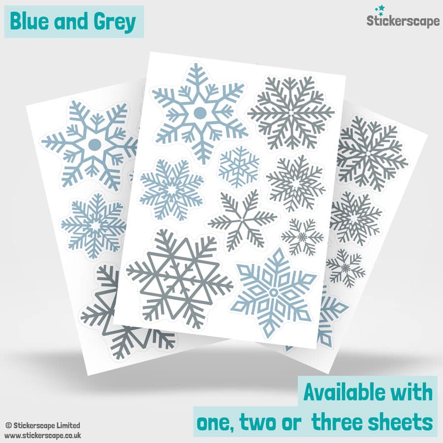 blue and grey snowflake window stickers sohwing sheet layout on a white background