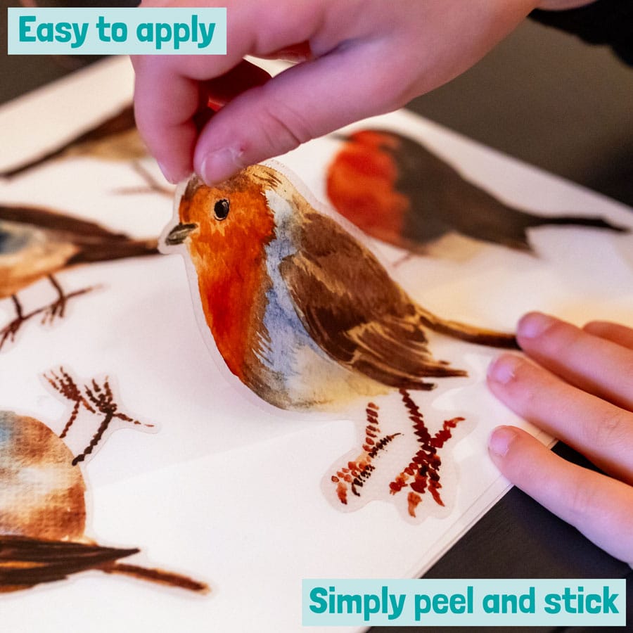 close-up removing a robin window sticker from the backing sheet