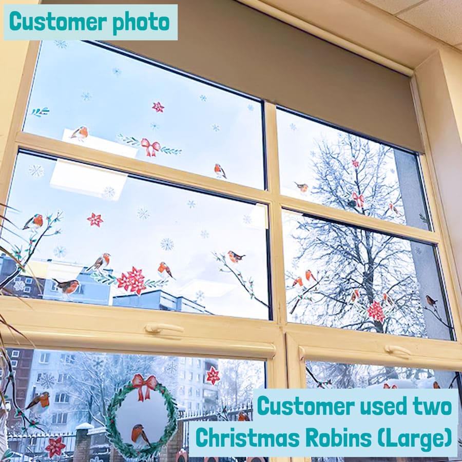 customer photo showing christmas robin window stickers (large pack) on a large window