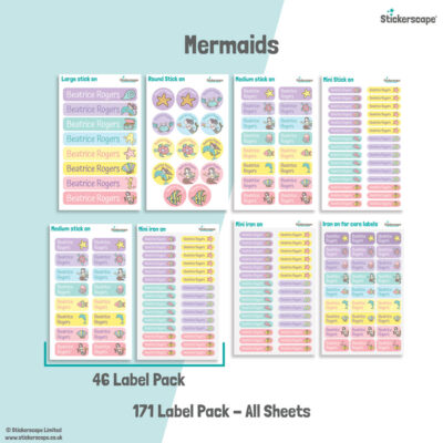 Mermaid school name labels mixed name label pack