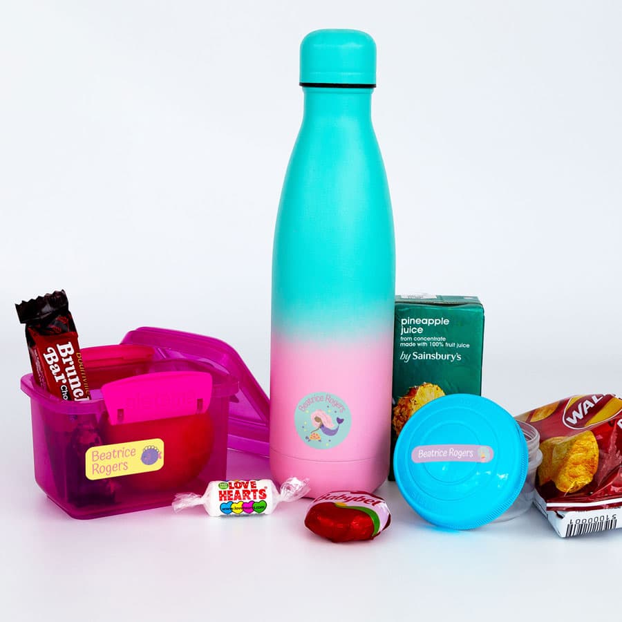 Mermaid Name Labels on water bottle and lunch boxes