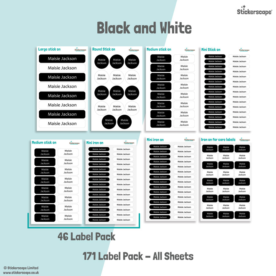 Black and white school name labels mixed name label pack