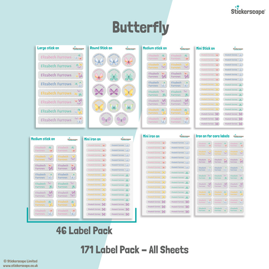 Butterflies school name labels mixed name label pack