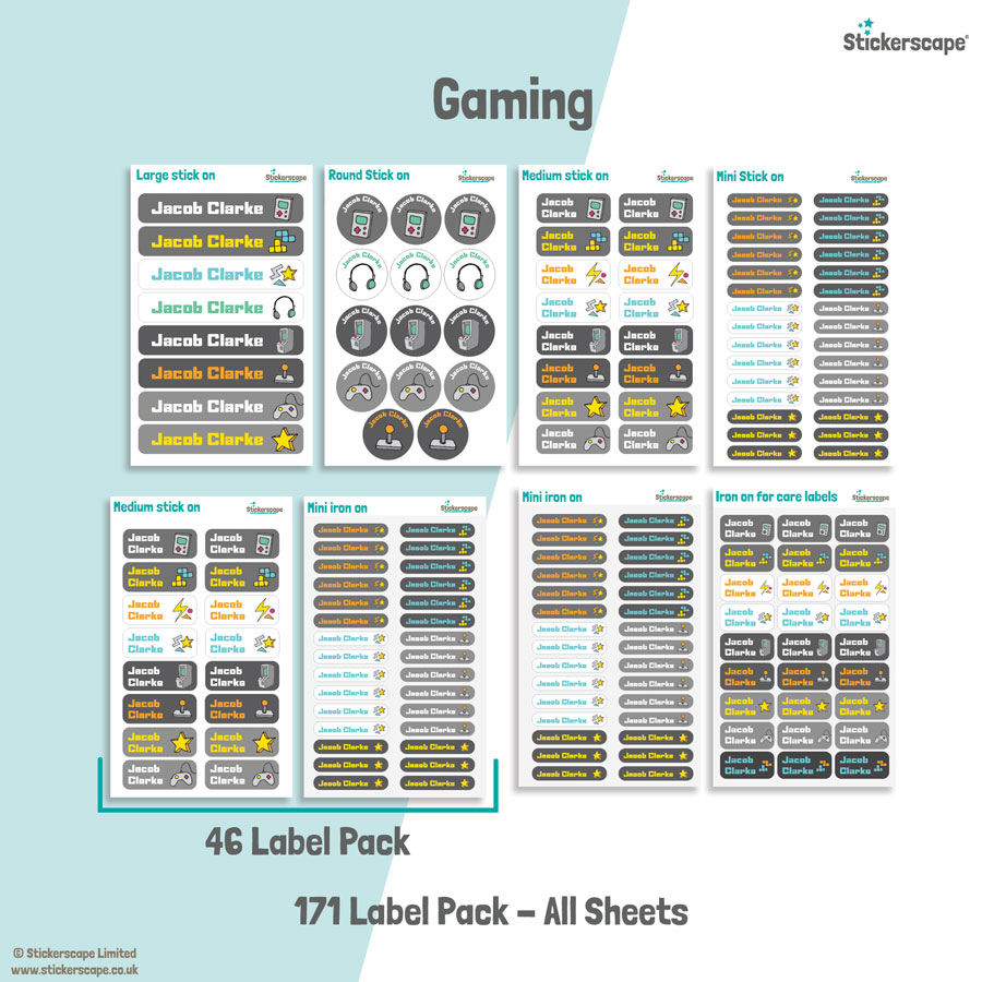 Gaming school name labels mixed name label pack