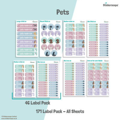Pets school name labels mixed name label pack