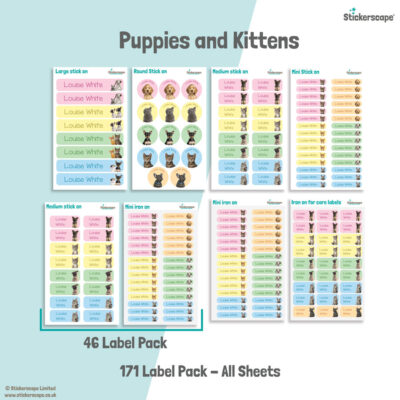 Puppies and kittens school name labels mixed name label pack