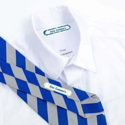 Tropical surf name labels on school uniform