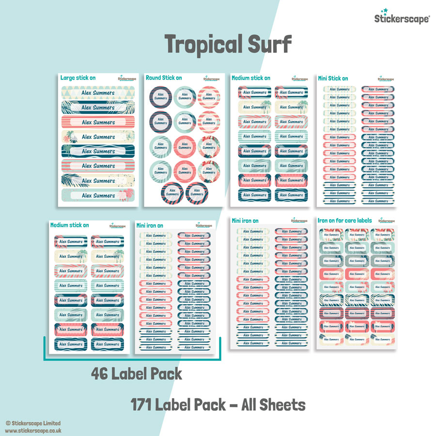 Tropical surf school name labels mixed name label pack