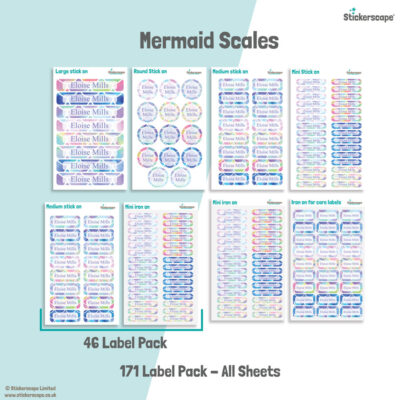 Mermaid scales school name labels mixed name label pack