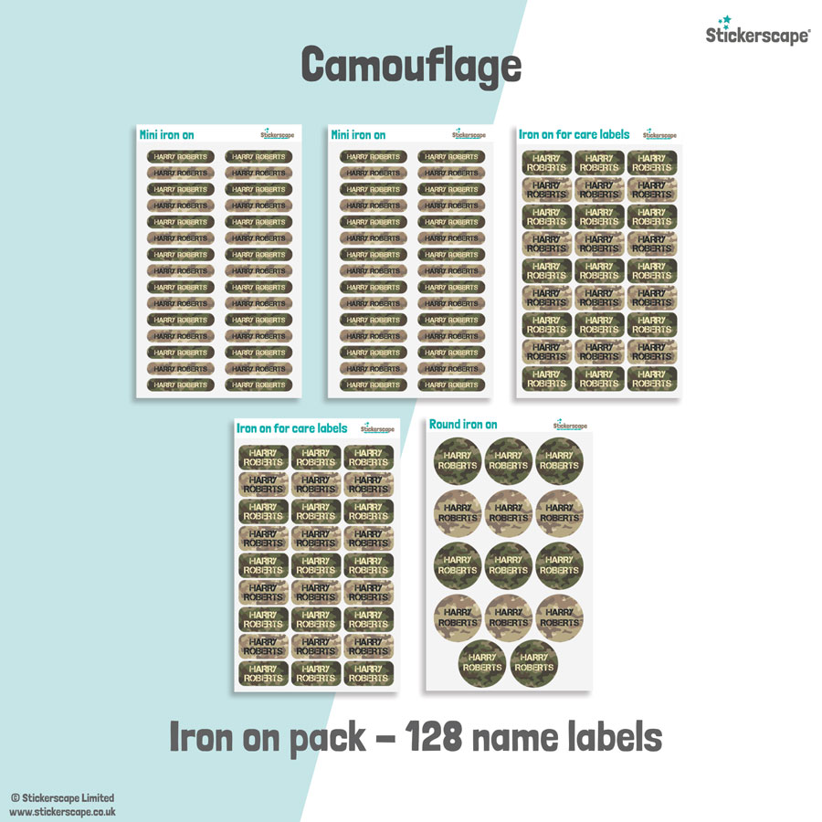 Camouflage school name labels iron on pack