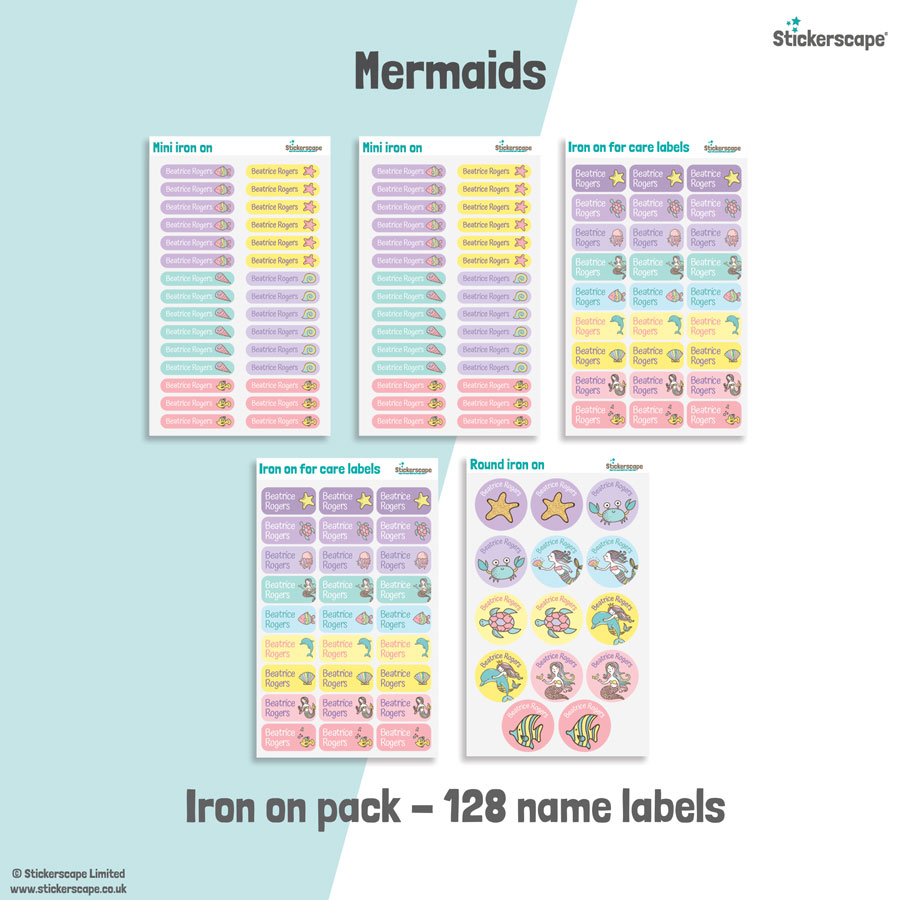 Mermaid school name labels iron on pack
