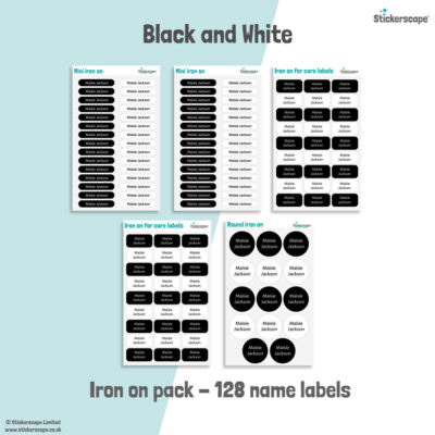Black and white school name labels iron on pack
