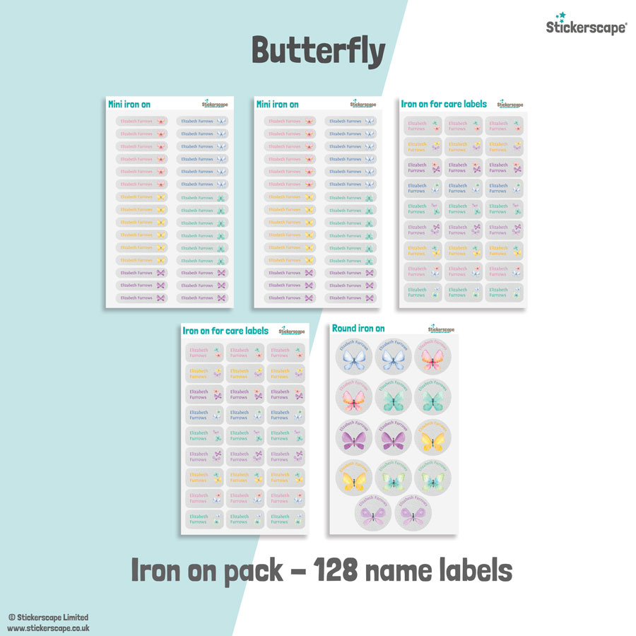 Butterflies school name labels iron on pack