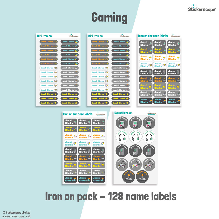 Gaming school name labels iron on pack
