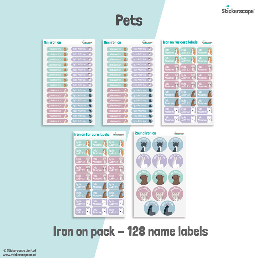 Pets school name labels iron on pack