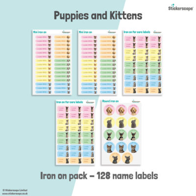 Puppies and kittens school name labels iron on pack