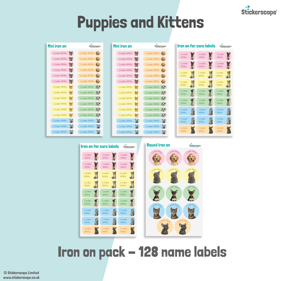 Puppies and kittens school name labels iron on pack