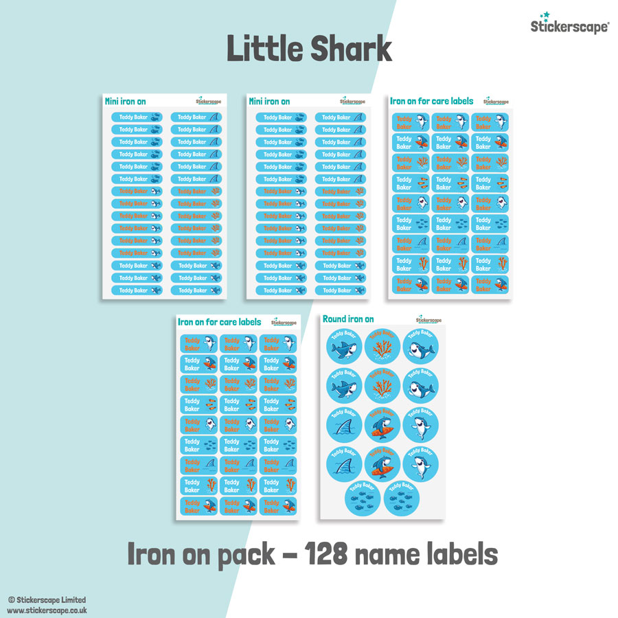 Little shark school name labels iron on pack