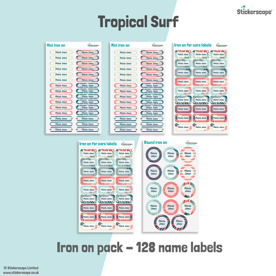Tropical surf school name labels iron on pack