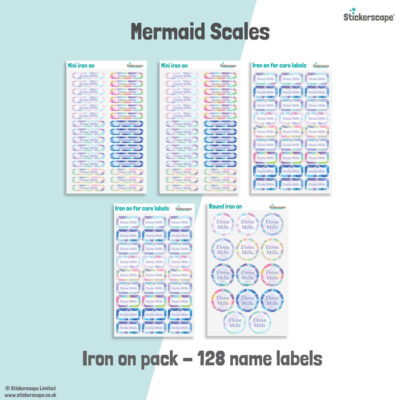 Mermaid scales school name labels iron on pack