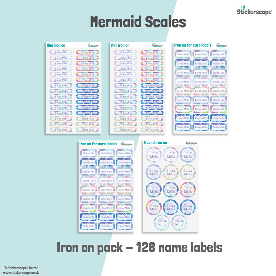 Mermaid scales school name labels iron on pack