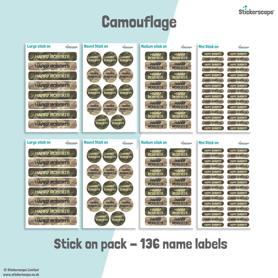 Camouflage school name labels stick on name label pack