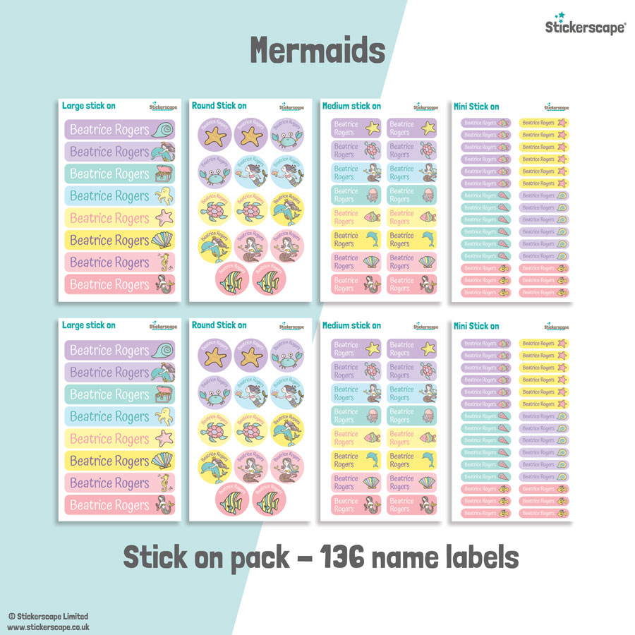 Mermaid school name labels stick on name label pack