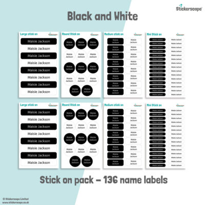 Black and white school name labels stick on name label pack