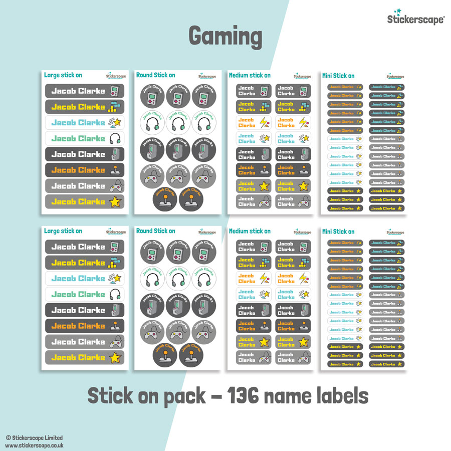 Gaming school name labels stick on name label pack