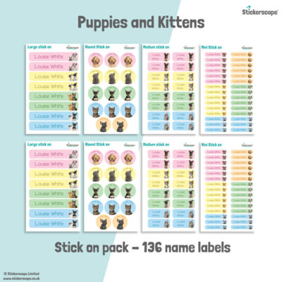 Puppies and kittens school name labels stick on name label pack