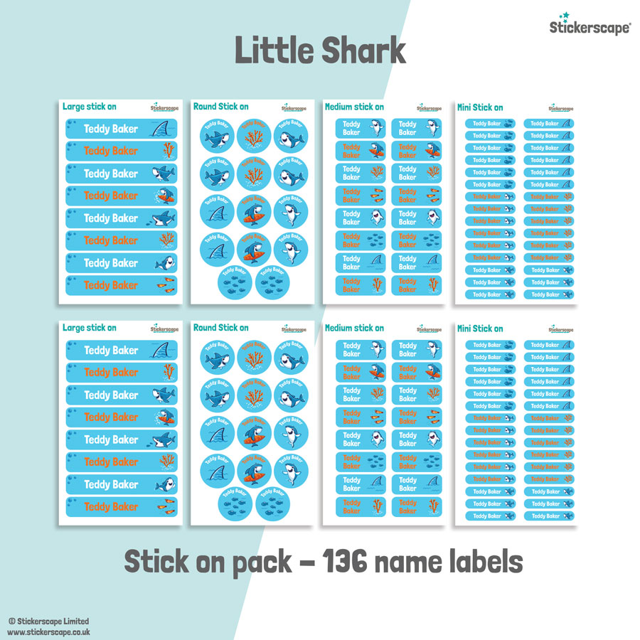 Little shark school name labels stick on name label pack