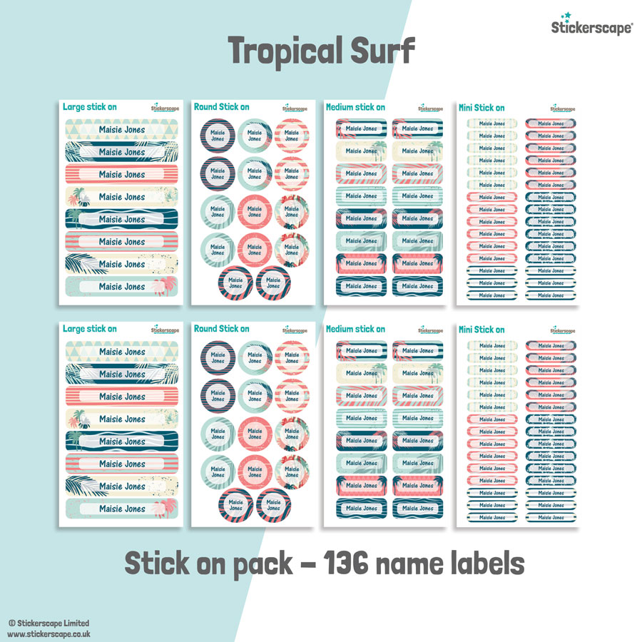 Tropical surf school name labels stick on name label pack