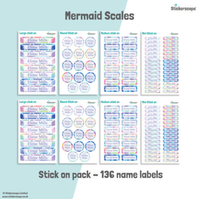 Mermaid scales school name labels stick on name label pack