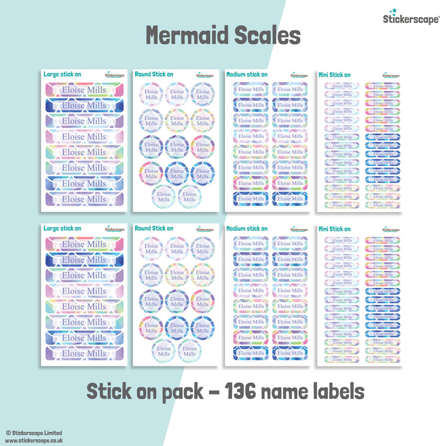 Mermaid scales school name labels stick on name label pack