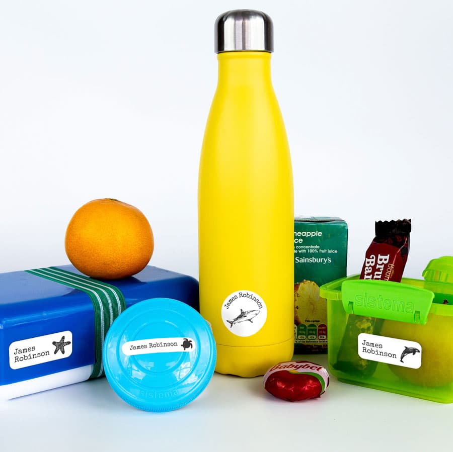 Sea Creatures Name Label Pack on lunch boxes and water bottle